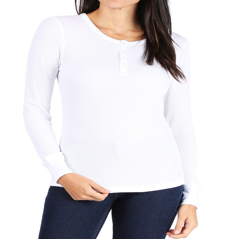 Pro Club Women's Long Sleeve Thermal Henley Tee, White, 3X-Large