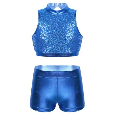 Alvivi Kids Girls Two-Piece Sequins Sports Dance Outfit Crop Top with Shorts Gymnastics Dancing Swimming Tankini Costume Blue Mock Neck 8-10
