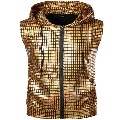 ZEROYAA Mens Hipster Metallic Sequins Zip Up Sleeveless Hooded Vest T Shirt with Kangaroo Pocket ZLSV17 Gold Small