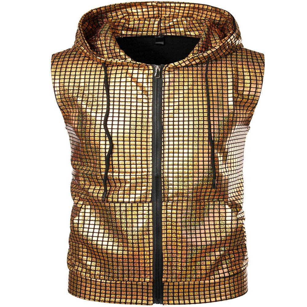 ZEROYAA Mens Hipster Metallic Sequins Zip Up Sleeveless Hooded Vest T Shirt with Kangaroo Pocket ZLSV17 Gold Small