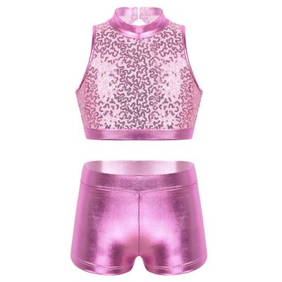 Alvivi Kids Girls Two-Piece Sequins Sports Dance Outfit Crop Top with Shorts Gymnastics Dancing Swimming Tankini Costume Pink Mock Neck 8-10