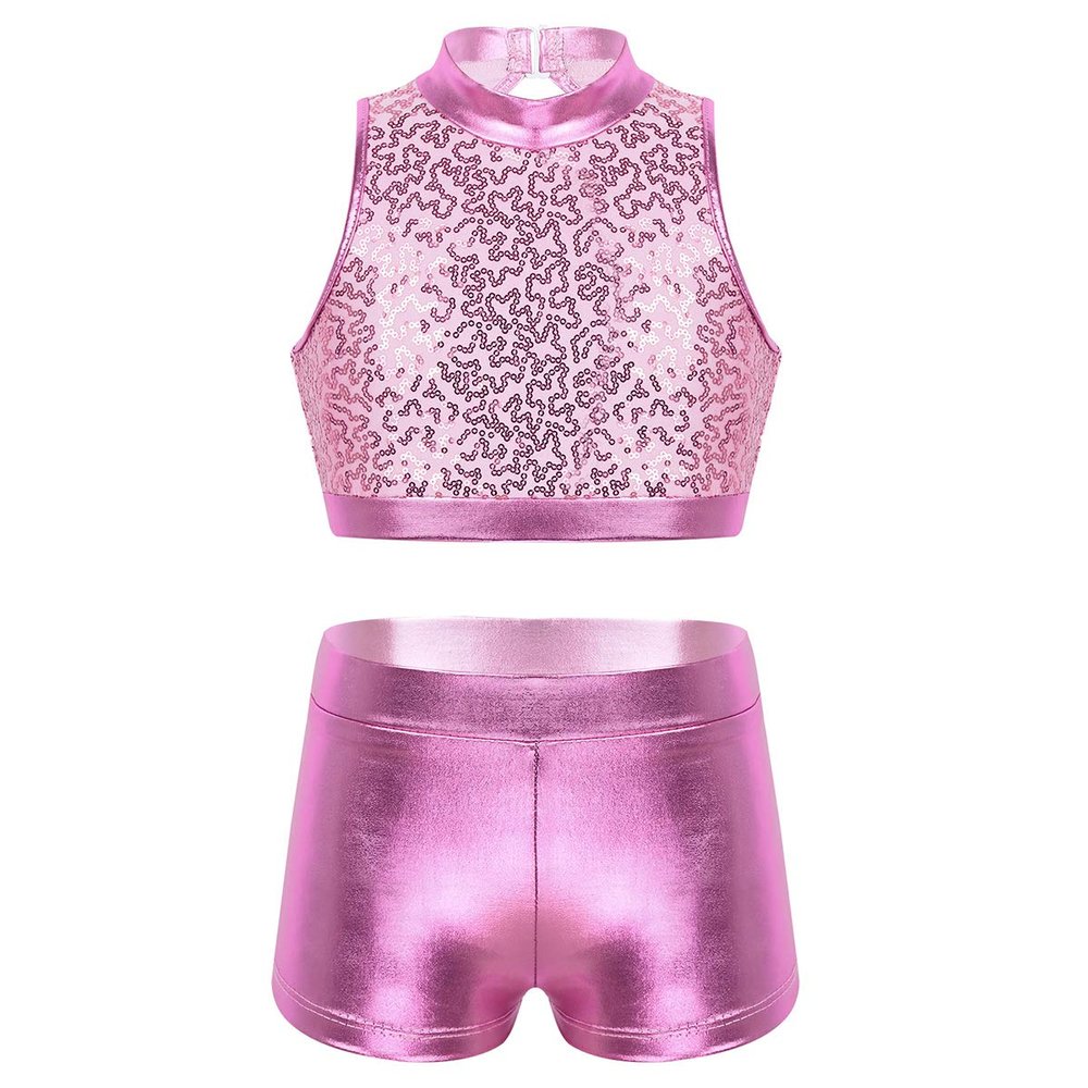 Alvivi Kids Girls Two-Piece Sequins Sports Dance Outfit Crop Top with Shorts Gymnastics Dancing Swimming Tankini Costume Pink Mock Neck 8-10