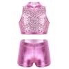 Alvivi Kids Girls Two-Piece Sequins Sports Dance Outfit Crop Top with Shorts Gymnastics Dancing Swimming Tankini Costume Pink Mock Neck 8-10 view 1