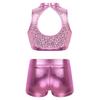 Alvivi Kids Girls Two-Piece Sequins Sports Dance Outfit Crop Top with Shorts Gymnastics Dancing Swimming Tankini Costume Pink Mock Neck 8-10 view 2