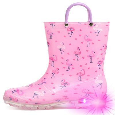 HugRain Toddler Girls Rain Boots Little Kids Baby Light Up Printed Waterproof Shoes Lightweight Rubber Adorable Flamingo Pink with Easy-On Handles Non Slip (Size 10,Pink)