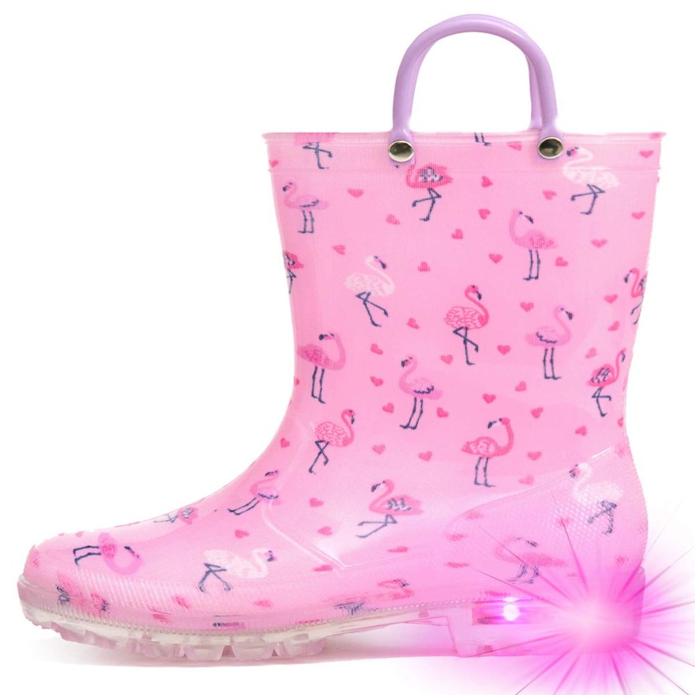 HugRain Toddler Girls Rain Boots Little Kids Baby Light Up Printed Waterproof Shoes Lightweight Rubber Adorable Flamingo Pink with Easy-On Handles Non Slip (Size 10,Pink)