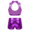 Alvivi Kids Girls Two-Piece Sequins Sports Dance Outfit Crop Top with Shorts Gymnastics Dancing Swimming Tankini Costume Purple Mock Neck 10-12 view 2