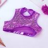 Alvivi Kids Girls Two-Piece Sequins Sports Dance Outfit Crop Top with Shorts Gymnastics Dancing Swimming Tankini Costume Purple Mock Neck 10-12 view 3