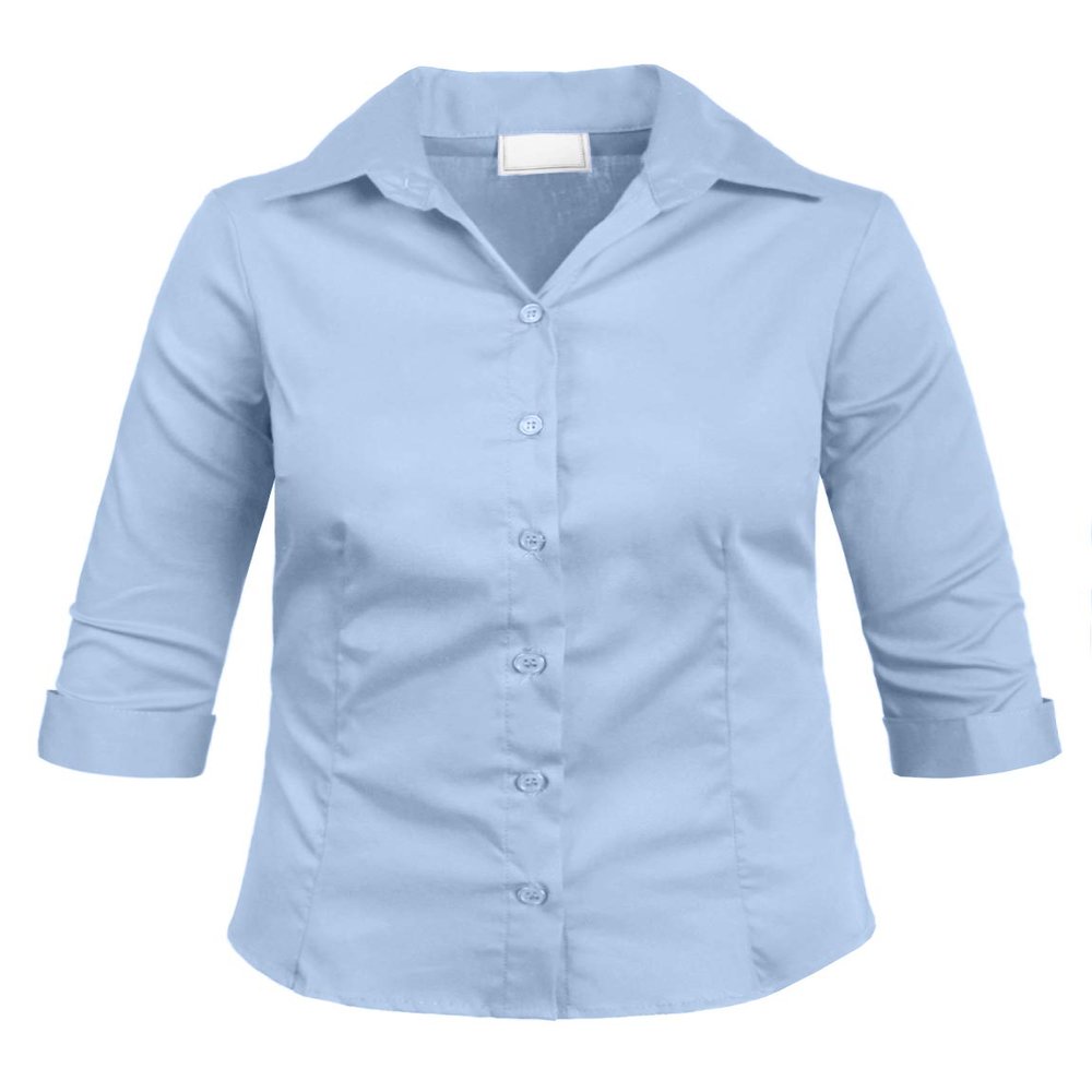 NE PEOPLE Girl's Simple Casual 3/4 Sleeve Roll Up Button Down Blouse Shirts Blue