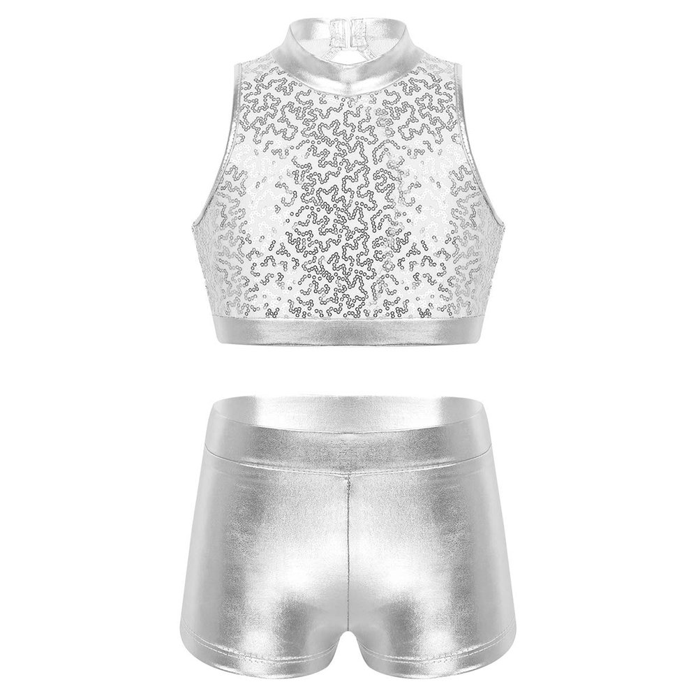 Alvivi Kids Girls Two-Piece Sequins Sports Dance Outfit Crop Top with Shorts Gymnastics Dancing Swimming Tankini Costume Silver Mock Neck 10-12
