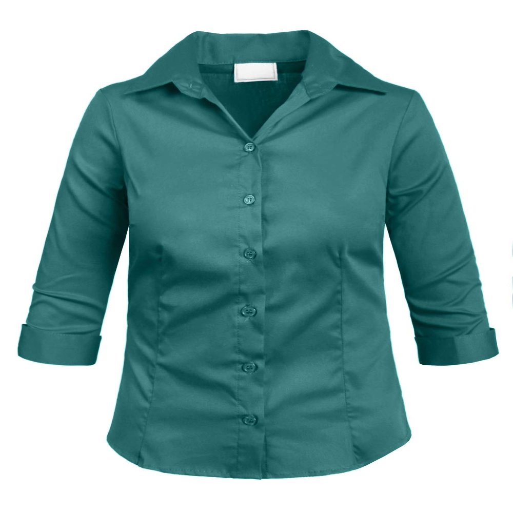 NE PEOPLE Girl's Simple Casual 3/4 Sleeve Roll Up Button Down Blouse Shirts Teal