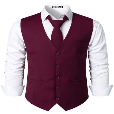 ZEROYAA Men's Hipster Urban Design 3 Pockets Business Formal Dress Vest for Suit Tuxedo ZLSV16 Wine Red X-Large