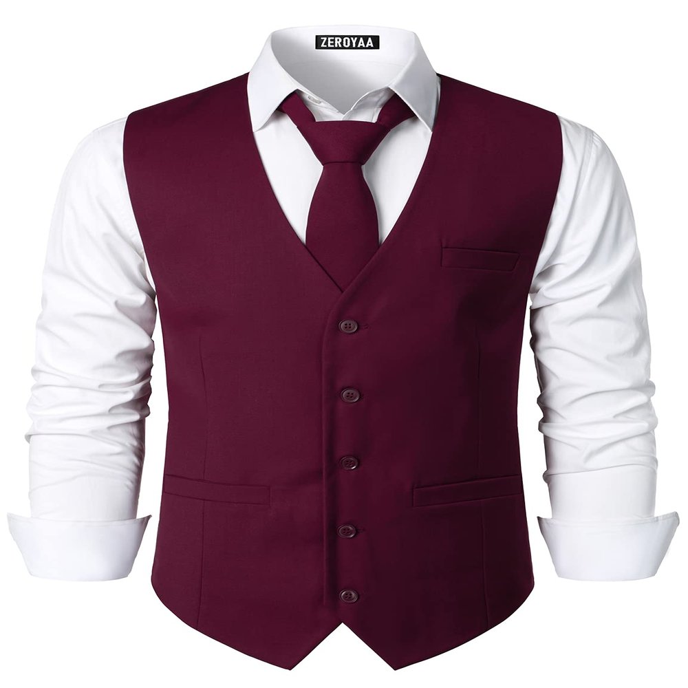 ZEROYAA Men's Hipster Urban Design 3 Pockets Business Formal Dress Vest for Suit Tuxedo ZLSV16 Wine Red X-Large
