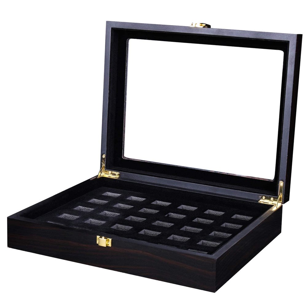 RECHIATO Championship Ring Display Case Display Case for Sports Rings baseball Ring display Wooden Box (30 Slots, Flat, Black)