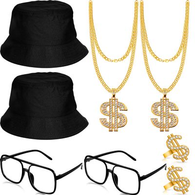 Gejoy 8 Pack Hip Hop Costume Kit 80s 90s Rapper Accessories for Men Women Sunglass Hat Chain Ring Mardi Gras Carnival Decor