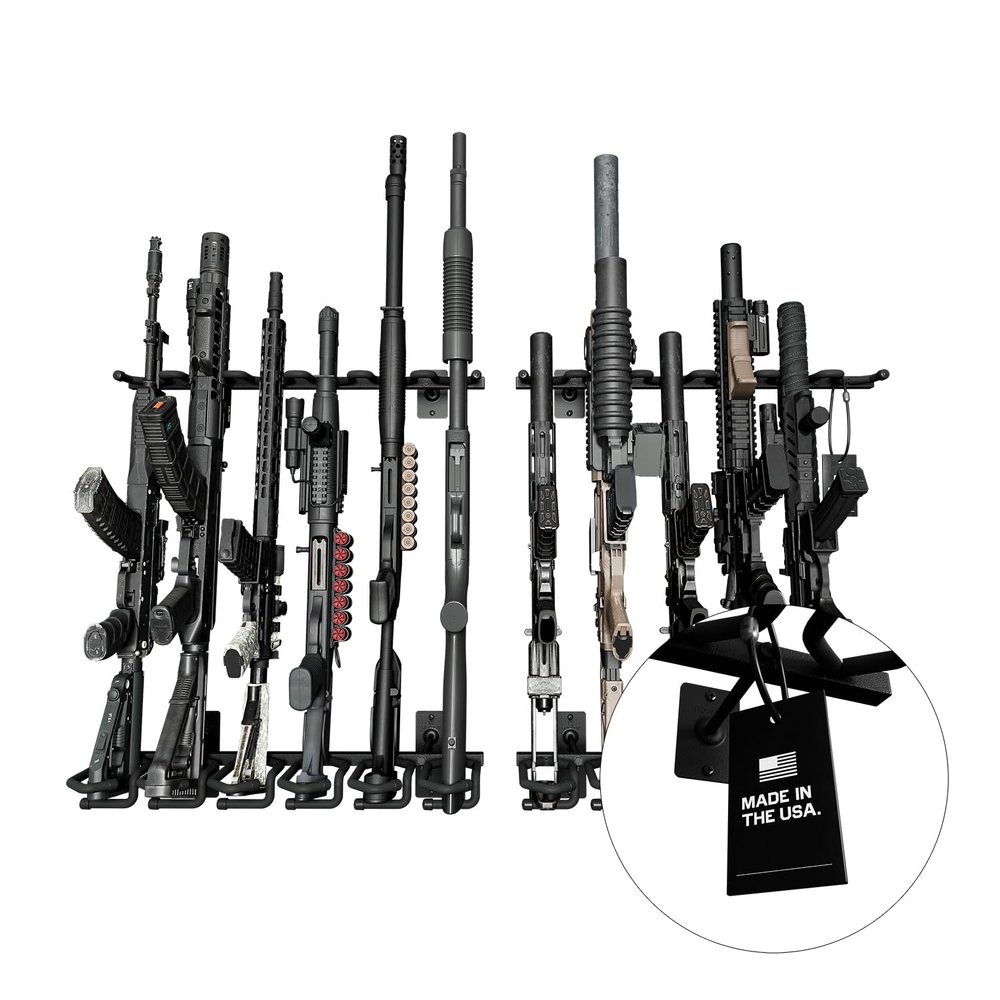 Hold Up Displays Wall Mount Gun Rack - 2 Pack, Vertical Rack, Heavy Duty Steel, Holds 12 Rifles & Shotguns - Made in USA