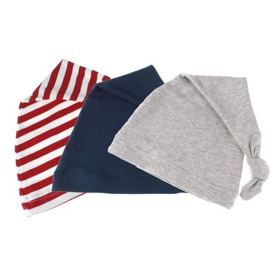 Long Knotted Tail Cotton Beanie Hat Baby (0-6mo) - Variety Pack D (Red Stripe/Navy/Heather Gray)