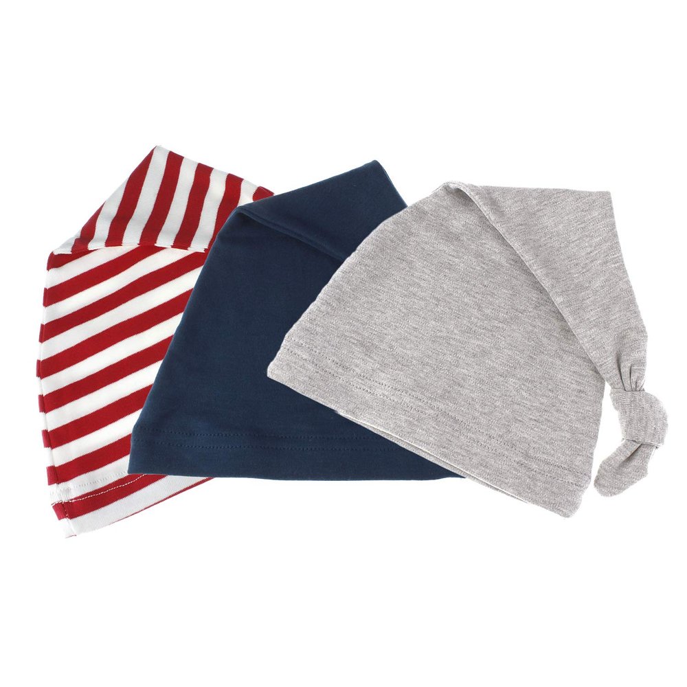 Long Knotted Tail Cotton Beanie Hat Baby (0-6mo) - Variety Pack D (Red Stripe/Navy/Heather Gray)