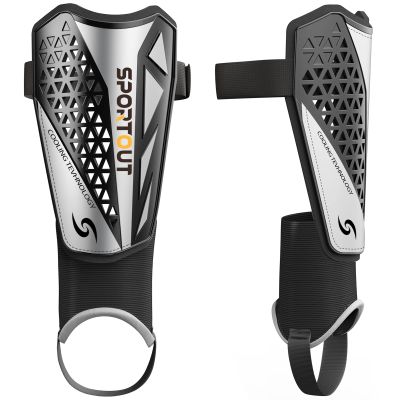Sportout Soccer Shin Guards - Shin Guards Soccer Kids Youth Adult Protective Shin Pads with Sleeves and Insert Pocket for Boys Girls for Age 4-6, 6-8, 8-10,10-12,12-14,14-Adult (Silver Black, L)