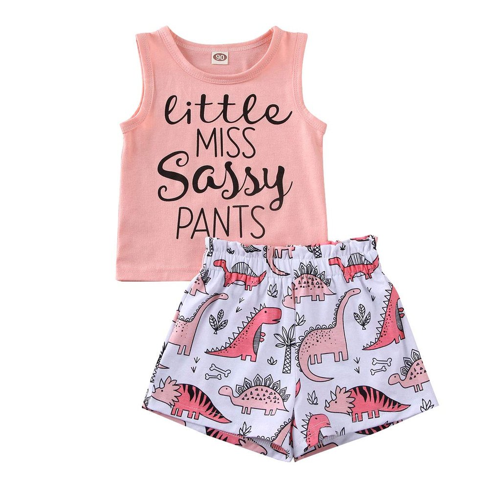 1-5T Toddler Baby Girl Dinosaur Outfits Set Letter Pink Tank Tee Tops+Dinosaur Short Pants Clothes Set (Pink, 1-2 Year)