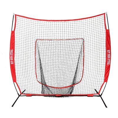 Hit Run Steal 7x7 Practice Net for Baseball & Softball with Carry Case, Red - Quick-Setup Portable Training for Hitting & Pitching, Stable Bow Frame, Large Catch Sock
