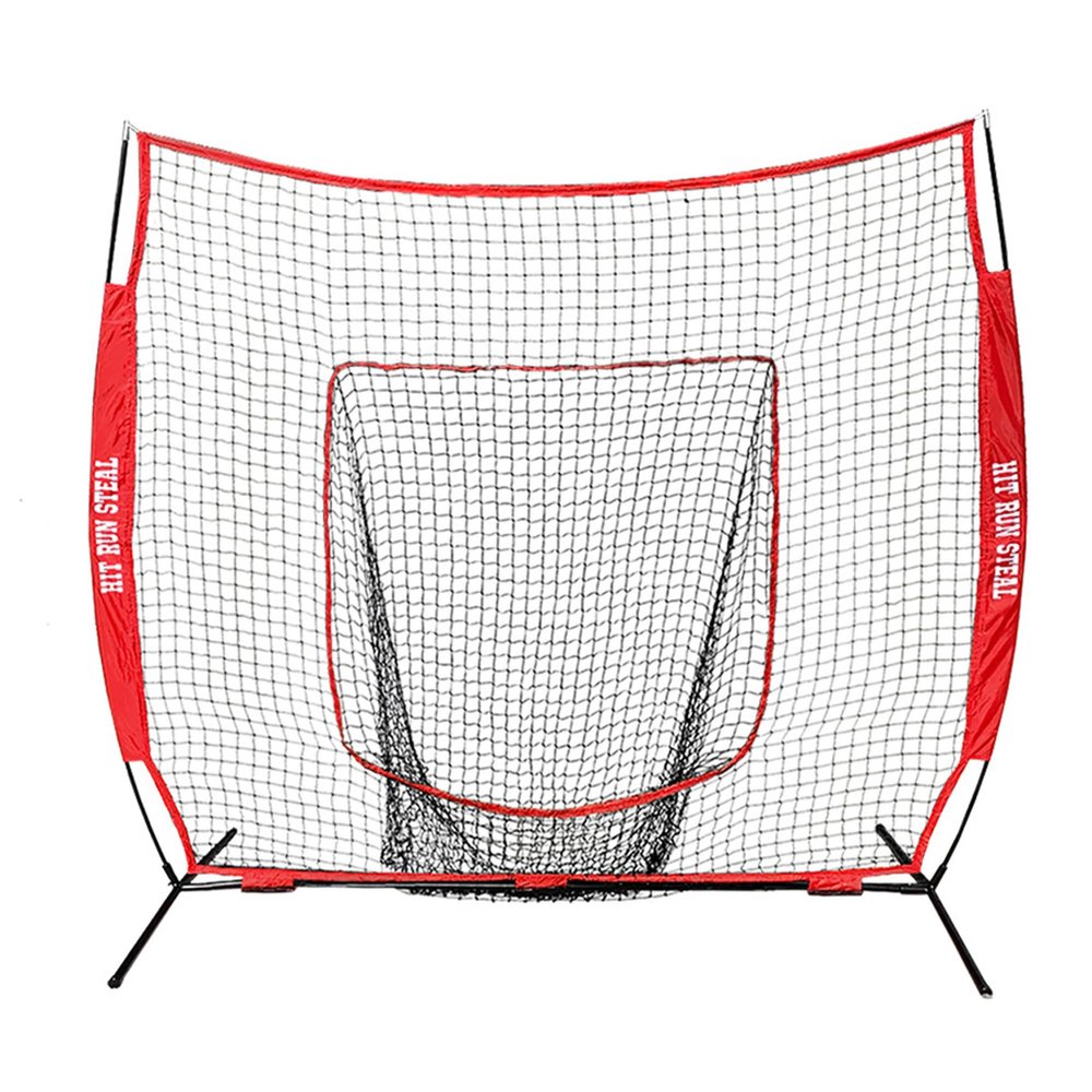 Hit Run Steal 7x7 Practice Net for Baseball & Softball with Carry Case, Red - Quick-Setup Portable Training for Hitting & Pitching, Stable Bow Frame, Large Catch Sock