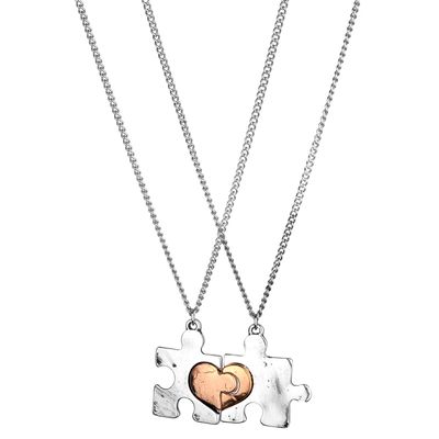 LUX ACCESSORIES Silver Tone Puzzle Pieces Set of 2 Broken Heart Pieces Pendant Chain Necklace