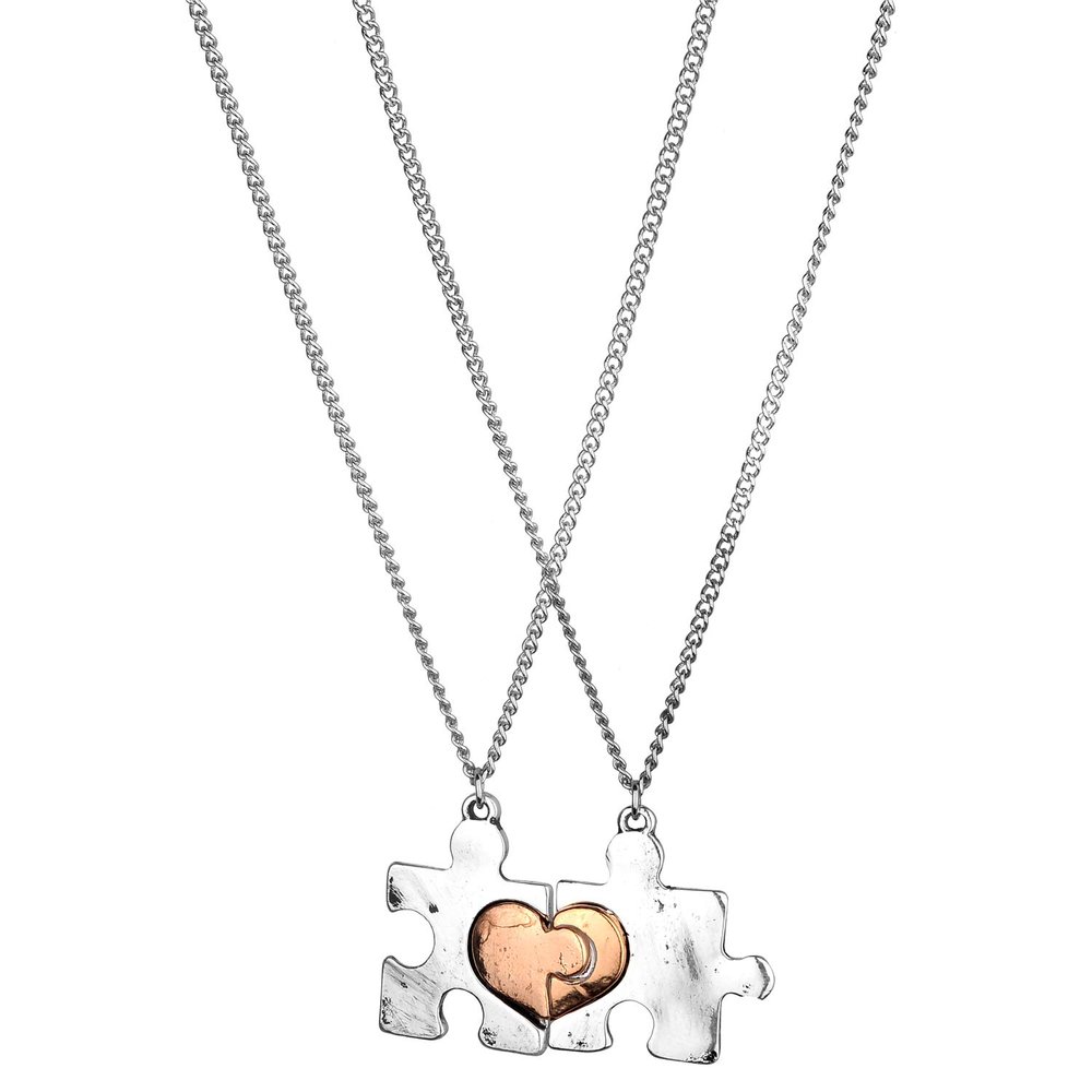 LUX ACCESSORIES Silver Tone Puzzle Pieces Set of 2 Broken Heart Pieces Pendant Chain Necklace