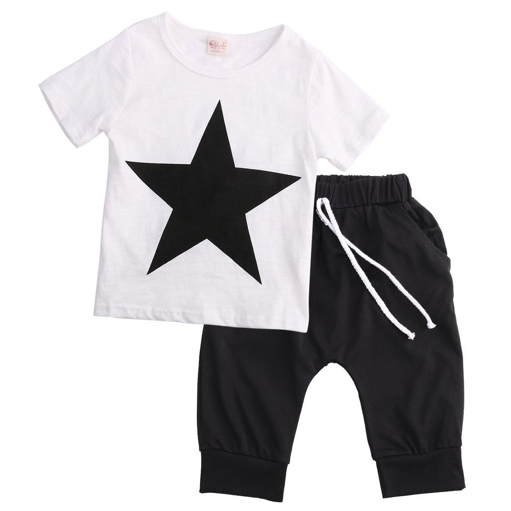 Toddler Kids Baby Boys Summer Clothes Short Sleeve Star Print T-Shirt Top Cropped Harem Pants Outfit Set (White,5-6T)