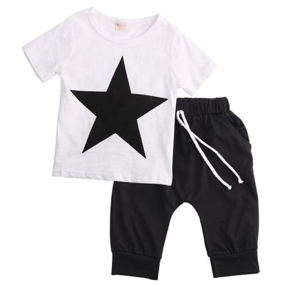 Toddler Kids Baby Boys Summer Clothes Short Sleeve Star Print T-Shirt Top Cropped Harem Pants Outfit Set (White,6-7T)