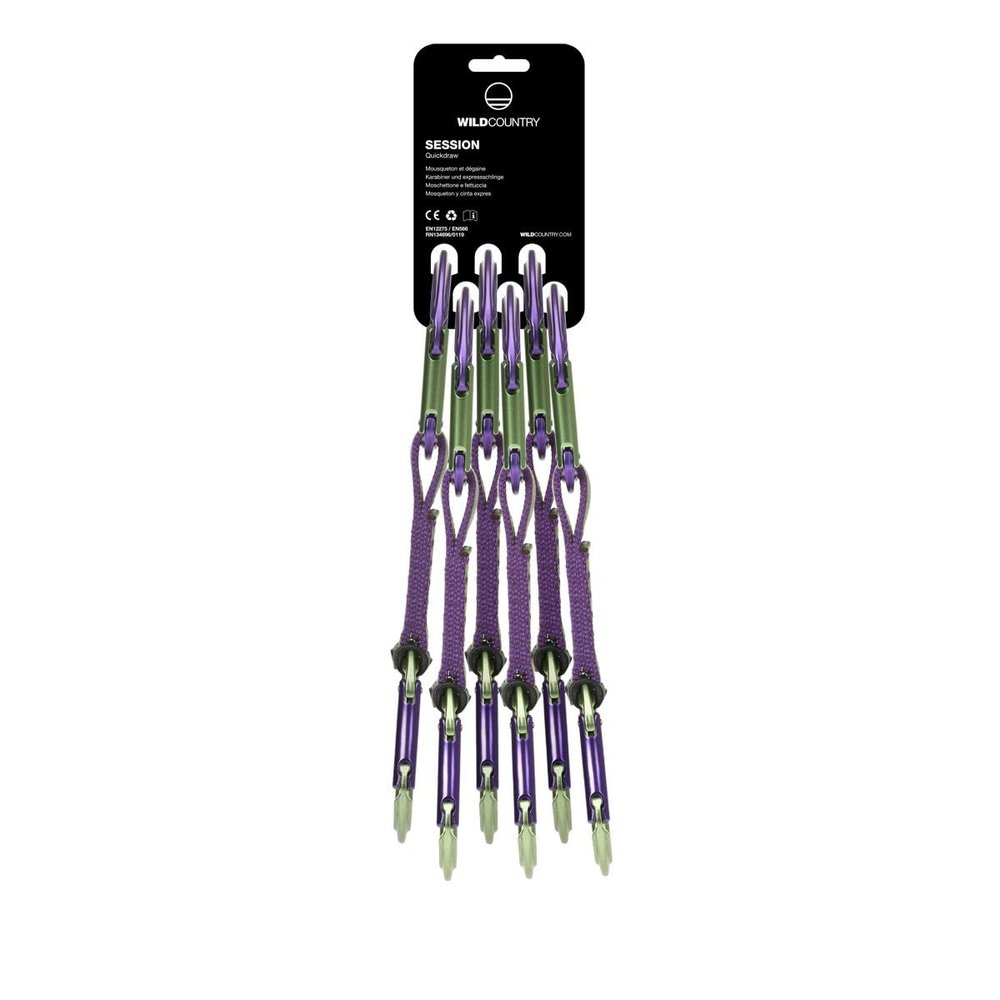 Wild Country Session Rock Climbing Quickdraw - Durable Quickdraw with Lightweight Aluminum Carabiners - Purple/Green - 6 x 12 cm