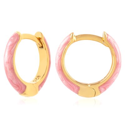 14K Gold Plated Sterling Silver Enamel Color Huggie Hoop Earrings for Women Fancy Pink Enamel