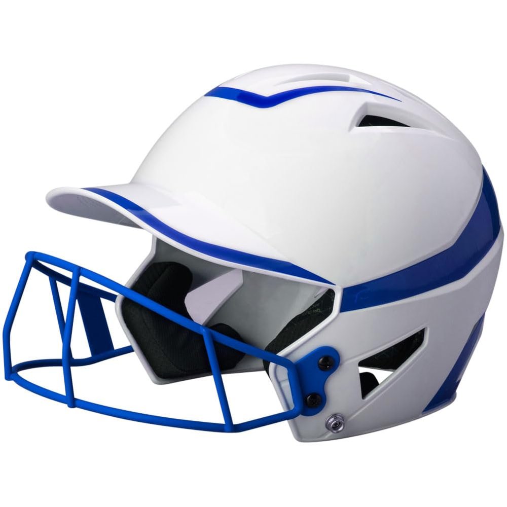 Champro HX Rise Pro Fastpitch Softball Batting Helmet with Facemask in Two-Tone Color Glossy Finish, White, Royal, Junior, Model Number: HXFPG2RYJ