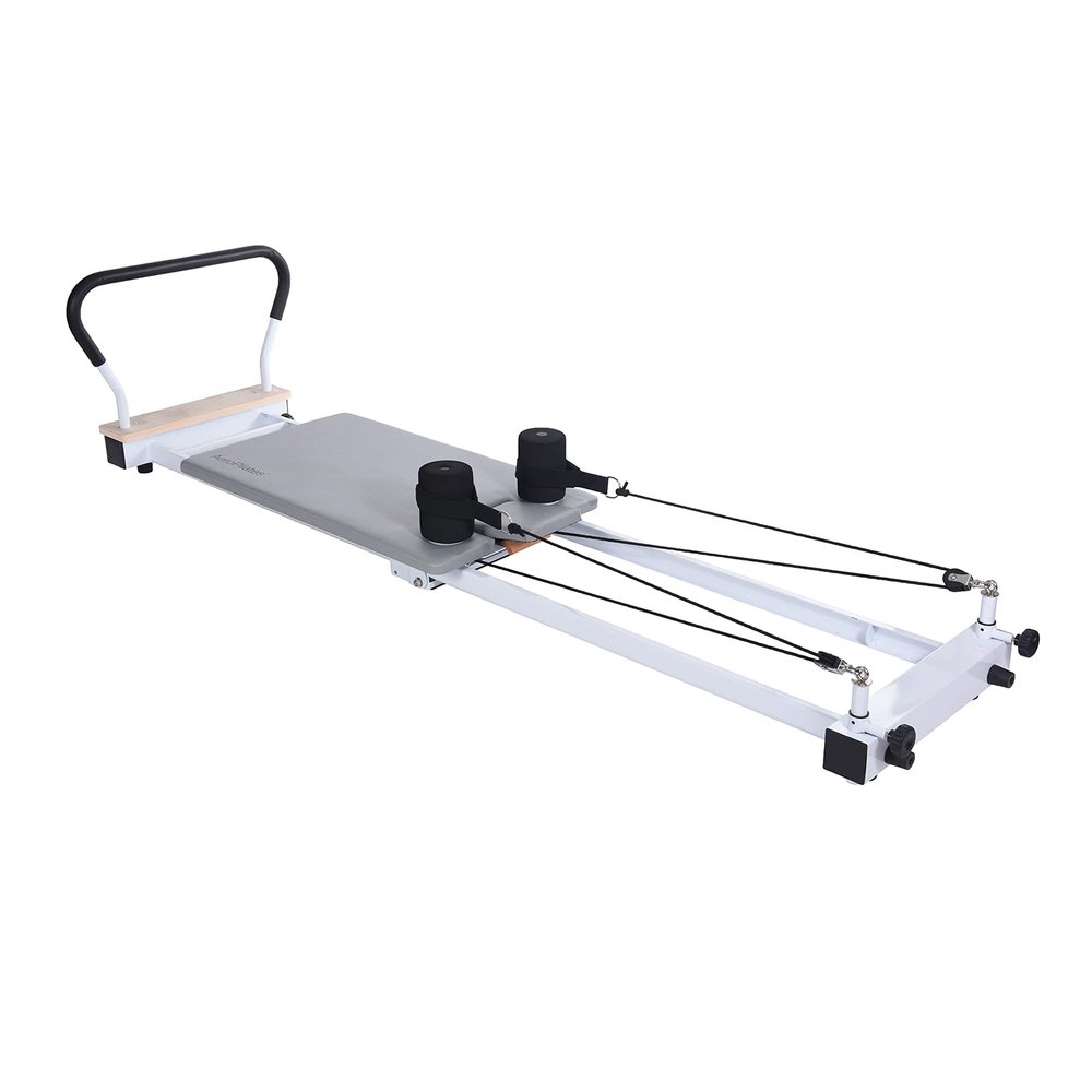 Stamina AeroPilates Precision Series Cushioned Cardio Reformer Resistance Band Foldable Wheeled Pilates Workout Board for Home Gym w/ 2 Videos, White