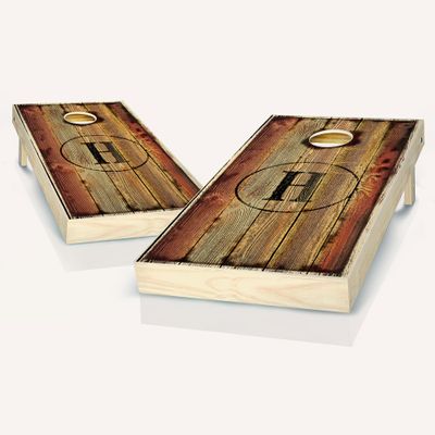 Skip's Garage Custom Burned Wood Monogram Cornhole Set - Letter R + Corn Filled Bags - Include Case + Hole Lights + Score