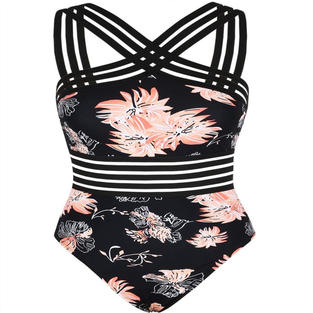 Hilor Women's Cute One Piece Swimsuit Tummy Control Bathing Suits Flattering Twist Front Swimwear Chrysanthemum L/US10-12