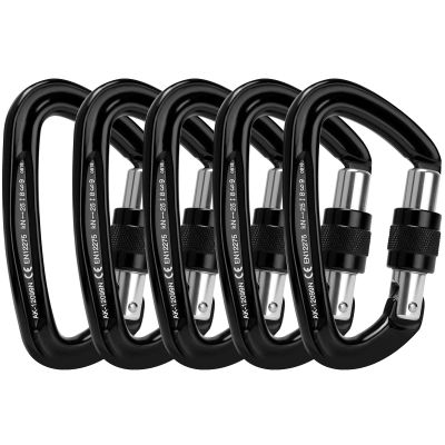 Locking Carabiner - 25kN 5600lb Climbing Carabiner Screw Gate D Shape Carabiner Black (Pack of 4)