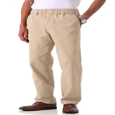 Soojun Men's Cotton Relaxed Fit Full Elastic Waist Twill Pants, Khaki, 30W x 30L