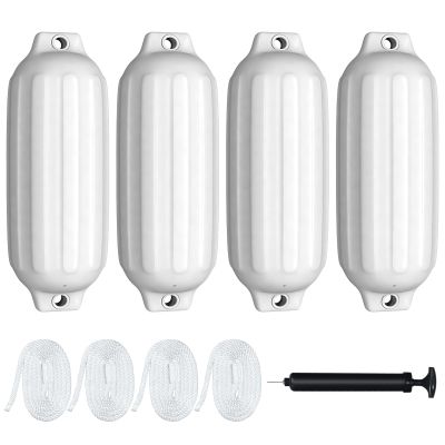 Goplus 4 Pack Marine Boat Fenders, Ribbed Twin Eyes Boat Fender with 4 Ropes & 1 Air Pump, Various Sizes & Colors, Vinyl Inflatable Boat Bumpers for Docking Pontoon Boats (White, 23 inch x 6.5 inch)
