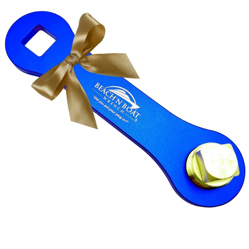 Elite Engineering USA BeachN Boat Drain Plug Wrench for 1/2 inch NPT Plug, Made in USA, Includes Spare Brass Plug, Blue