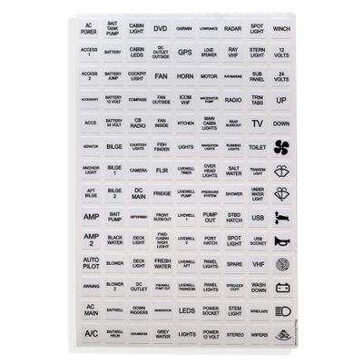 126 White Boat Dash Switch Instrument Panel Sticker Labels Sheet Light Switch Fuse Button Boating Fishing Windlass Horn GPS Amp LEDs Motor Radio Blower Fan Port Graphic Kit