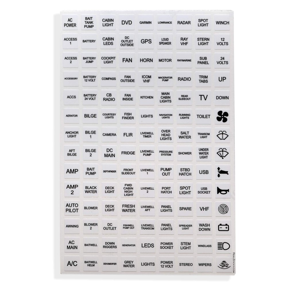 126 White Boat Dash Switch Instrument Panel Sticker Labels Sheet Light Switch Fuse Button Boating Fishing Windlass Horn GPS Amp LEDs Motor Radio Blower Fan Port Graphic Kit