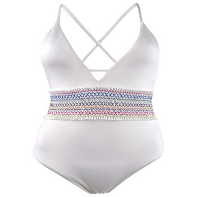Bar III Smocked Plunging One-Piece Swimsuit in White Multi (Large)