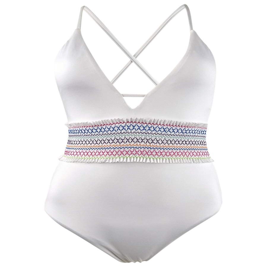 Bar III Smocked Plunging One-Piece Swimsuit in White Multi (Large)