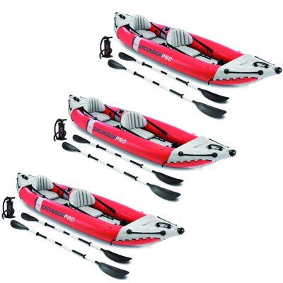 Excursion Pro Inflatable 2 Person Vinyl Kayak with Oars & Pump, Red (3 Pack)