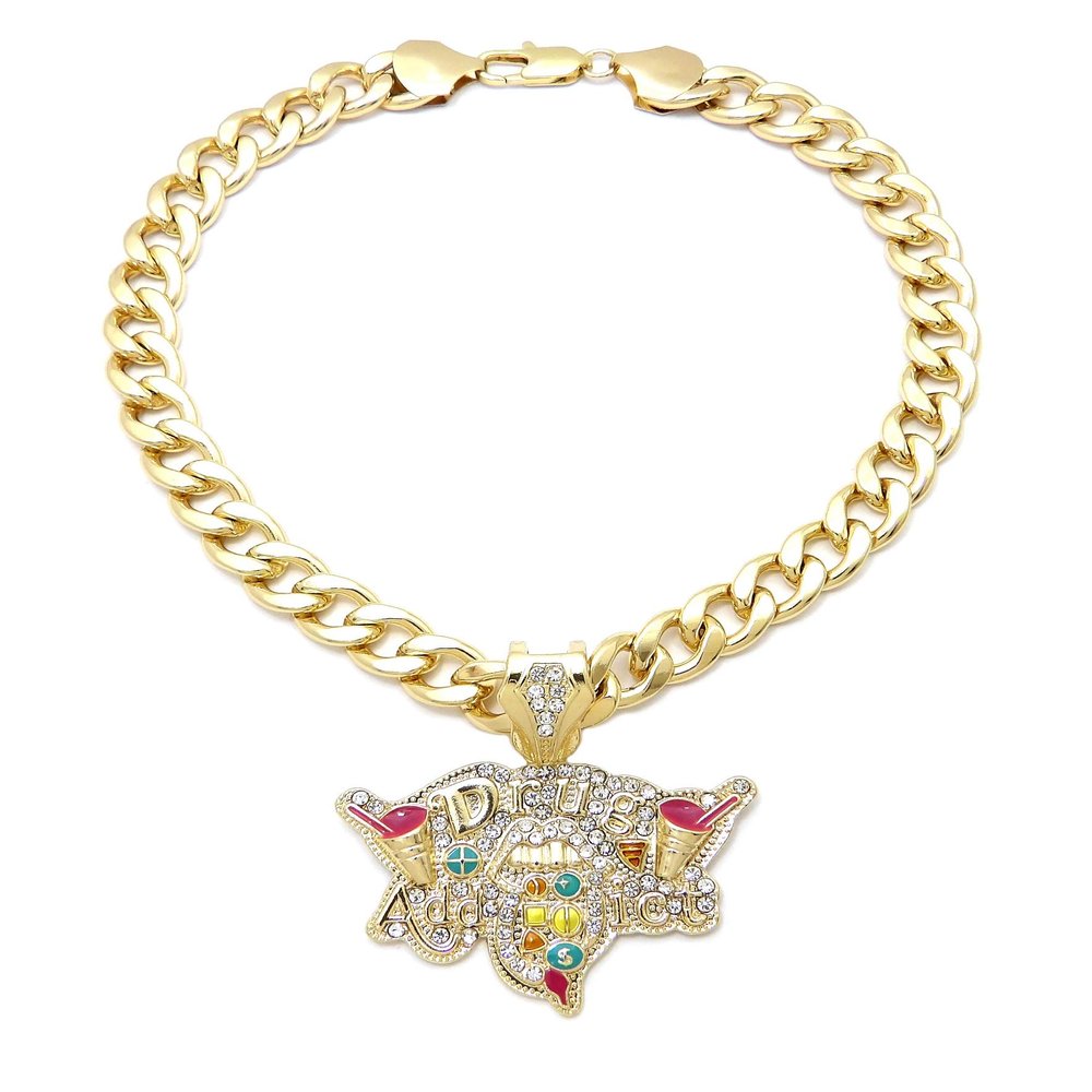 BLINGFACTORY Hip Hop Gold Plated Iced DRUG ADDICT Pendant & 11mm 18" 20" 24" Cuban Chain Bling Necklace (Pendant & 18" Chain Set)