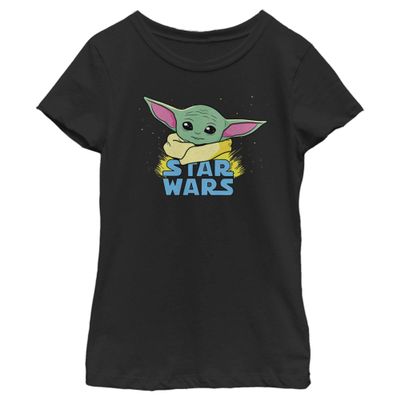 Star Wars Girl's The Child Cartoon Shiny Eyes T-Shirt Black, Large