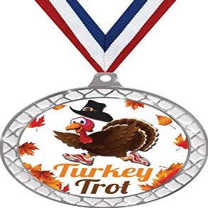Turkey Trot White Trellis Medal Silver, 2.5" Turkey Trot Prizes, Kids Thanksgiving Trophy Medal Awards 10 Pack Prime
