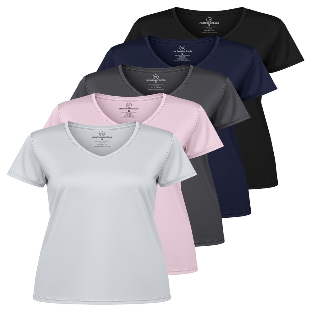 Real Essentials 5 Pack: Women's Dry-Fit Short Sleeve V Neck T Shirt Workout Fitness Yoga Top Tee, Set 6, S