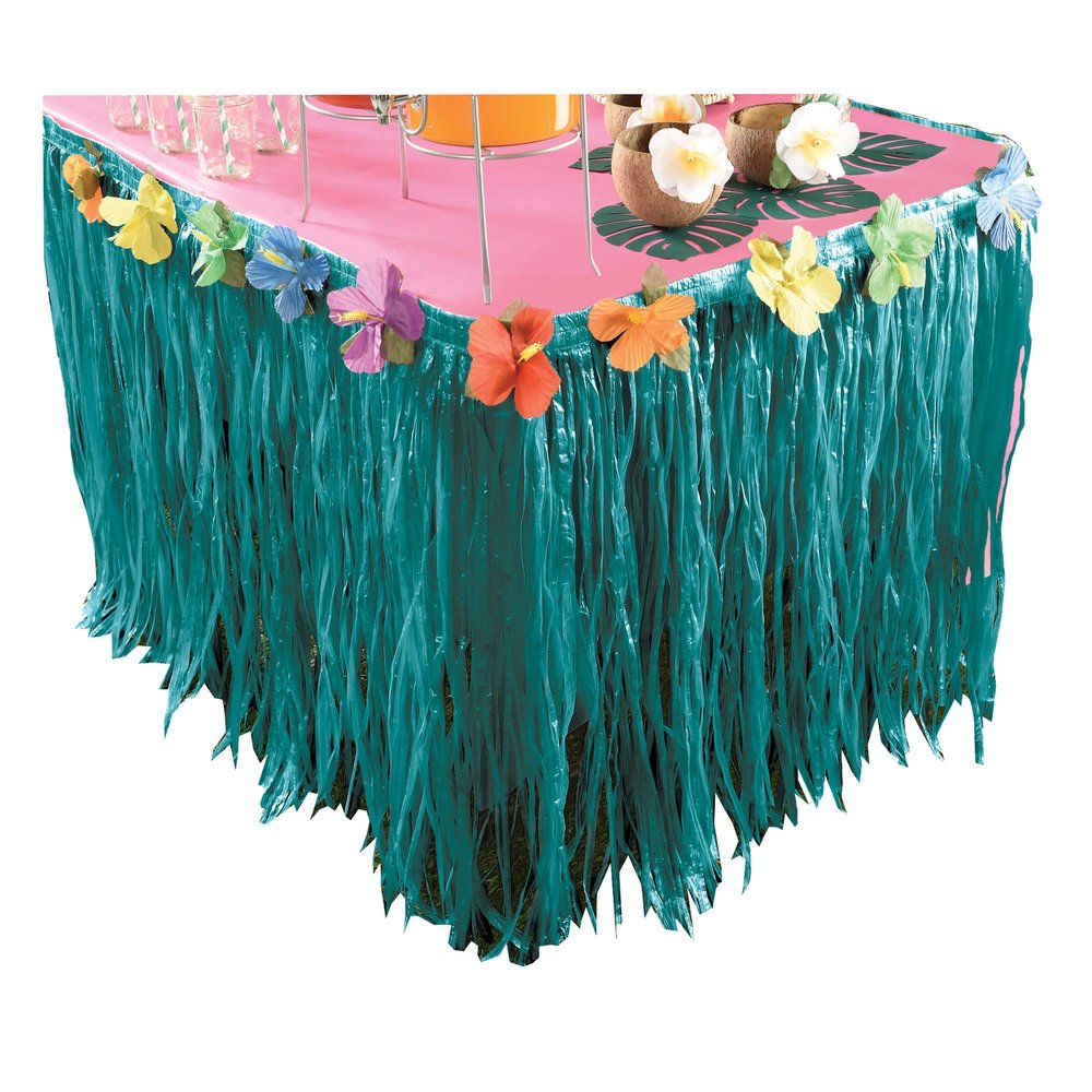 Multicolor Plastic With Fabric Flowers Aloha Table Skirt (9' x 29") Pack of 1 - Stunning Design, Perfect for Tropical Parties, BBQs, Luaus, & More